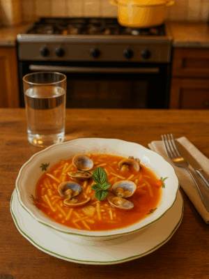 Sopa de fideos con almejas.