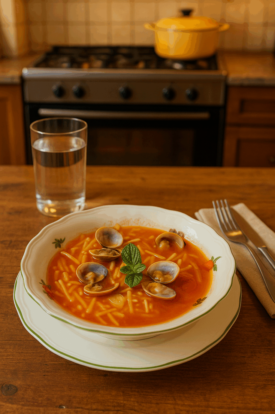 Sopa de fideos con almejas.
