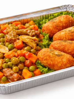 Alternative view of Croquetas de jamon con menestra de verduras.