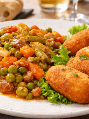 Croquetas de jamon con menestra de verduras.