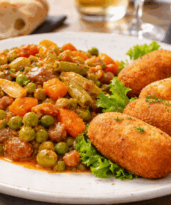 Croquetas de jamon con menestra de verduras.