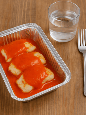 Alternative view of Merluza con salsa de pimientos del piquillo.